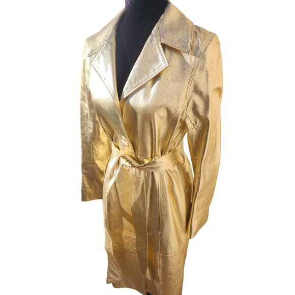Glamorous Gold Metallic REAL Genuine Soft Leather Designer Jacket Coat Trench NW - Picture 16 of 16